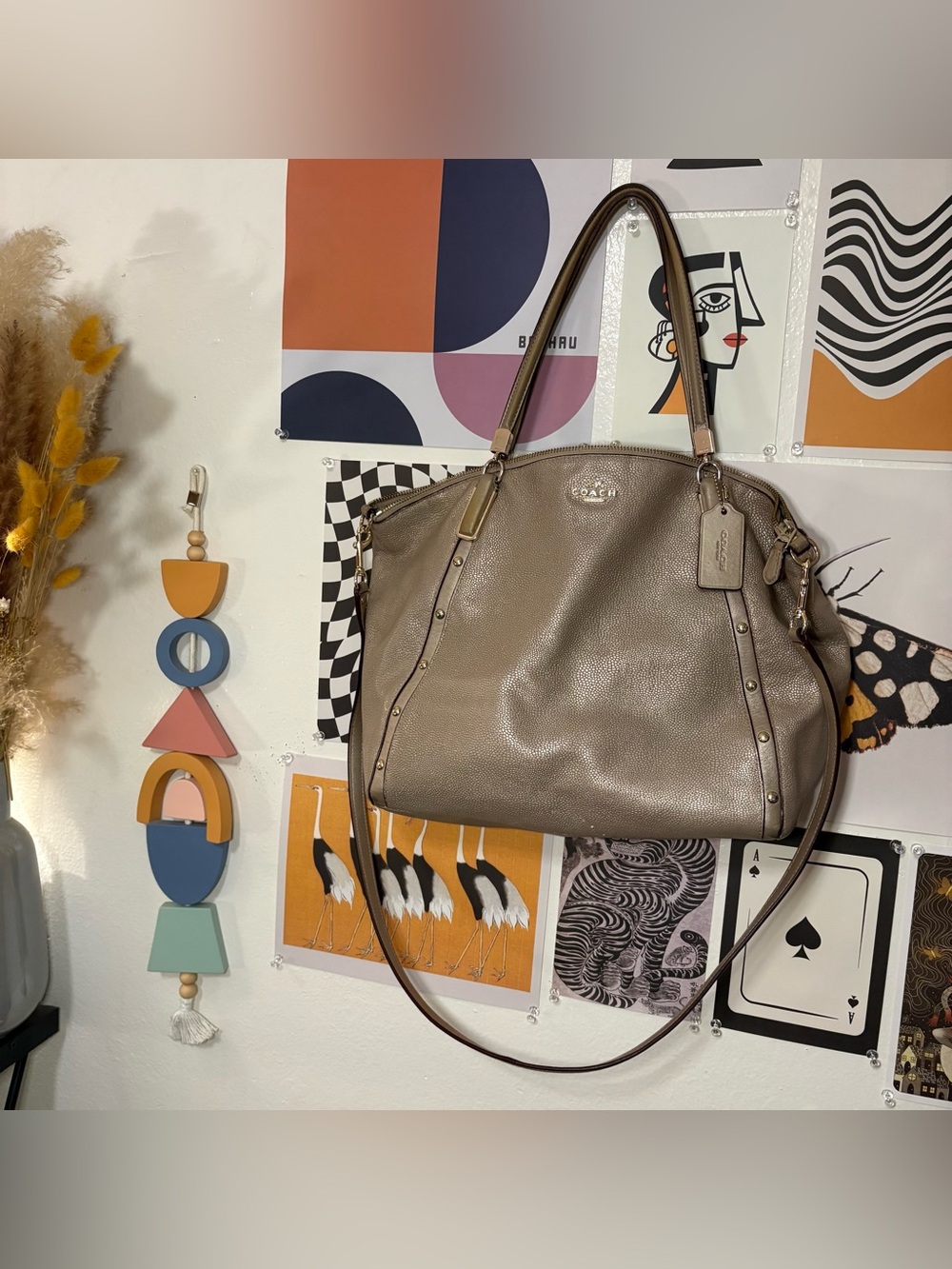 Coach Kelsey Metallic Taupe Pebbled Leather Satchel Shoulder Bag
